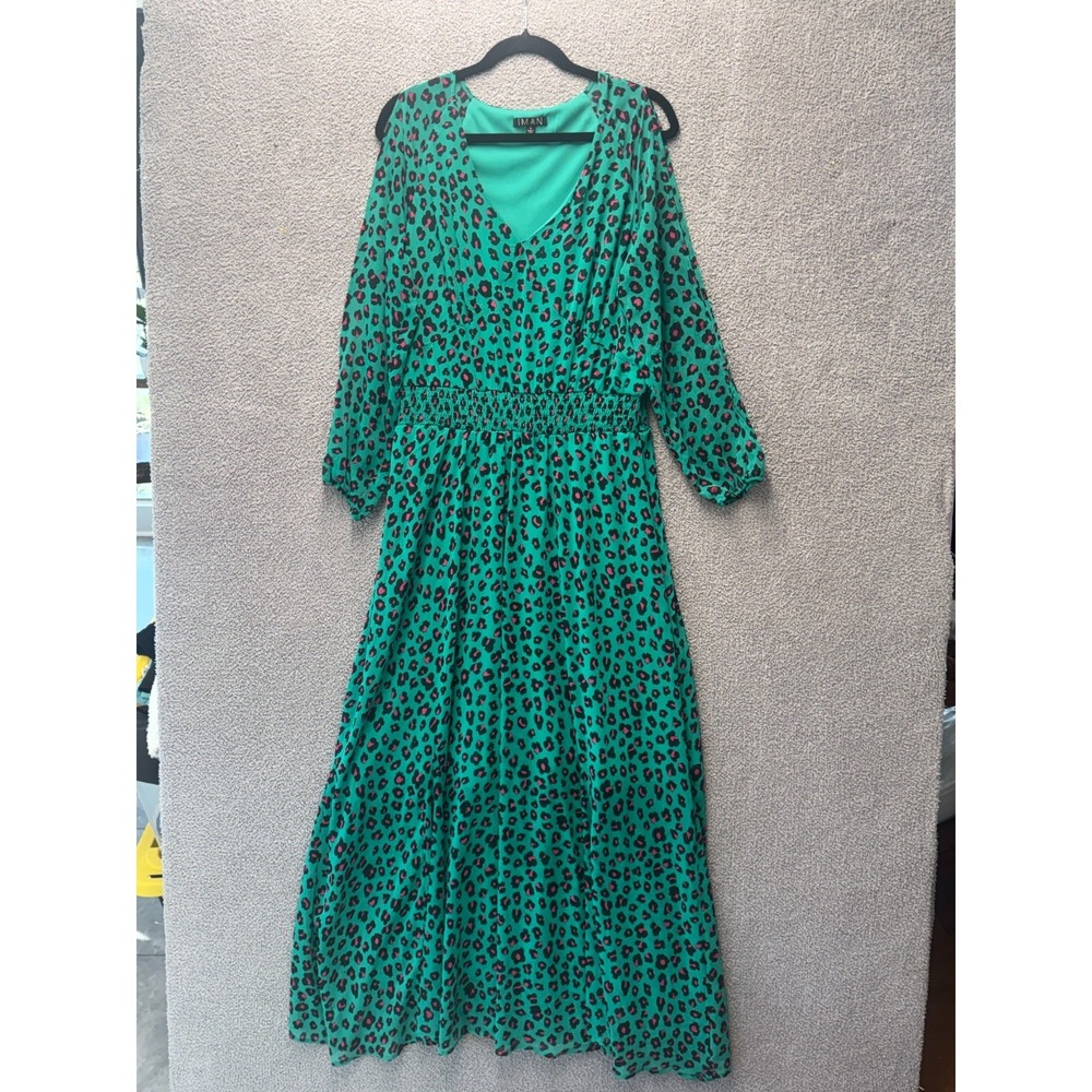 IMAN Leopard Print Midi Dress Women L‎ Green Pink Boho Smocked Waist Flow